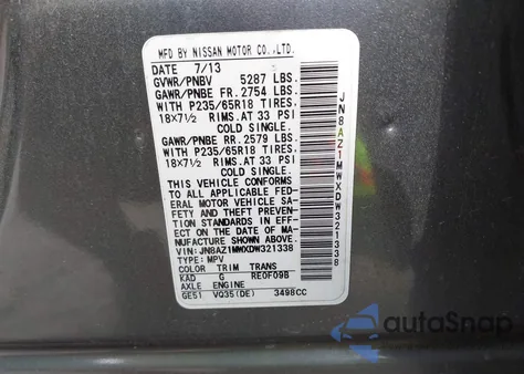 2013 Nissan Murano Sl из США, поврежденный, VIN JN8AZ1MWXDW321338